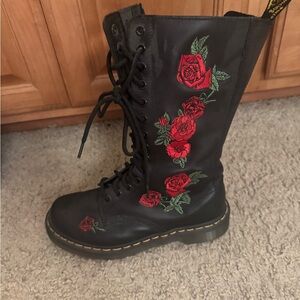 Dr. Martens Black Boots with Red Rose Embroidery